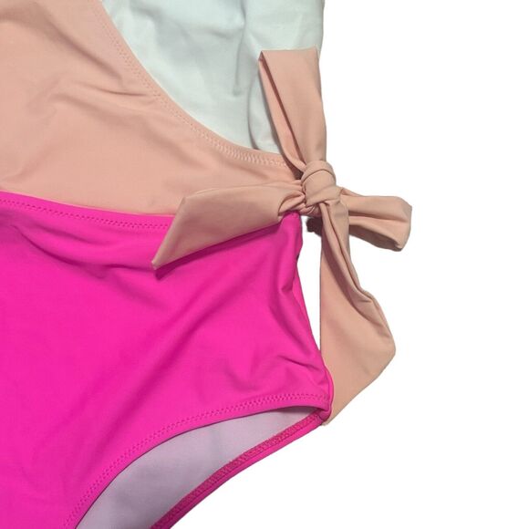 SweatyRocks Colorblock One Piece Swimsuit Size M Wrap Tie Waist Pink Barbiecore - Picture 2 of 9